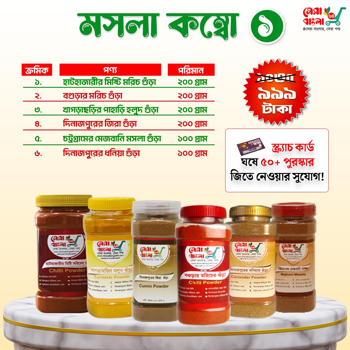 মসলা কম্বো ১ - ৬ আইটেমের স্পেশাল মসলা প্যাক